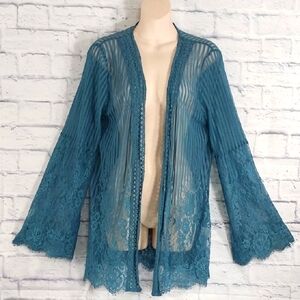 Grace & Emma Open Front Cardigan Blue Lace Floral M/L